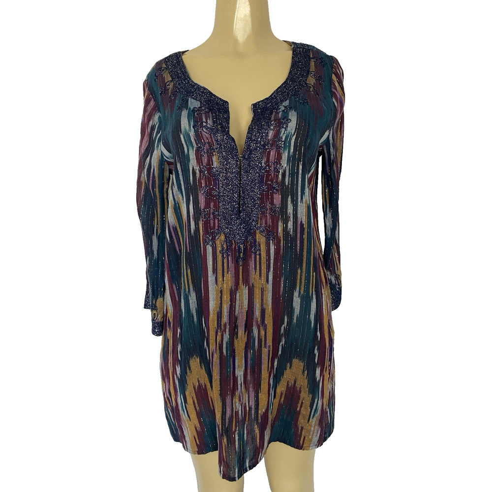 Calypso St. Barth Dress Mini Tunic Metallic Striped Long Sleeve Cotton V Neck L